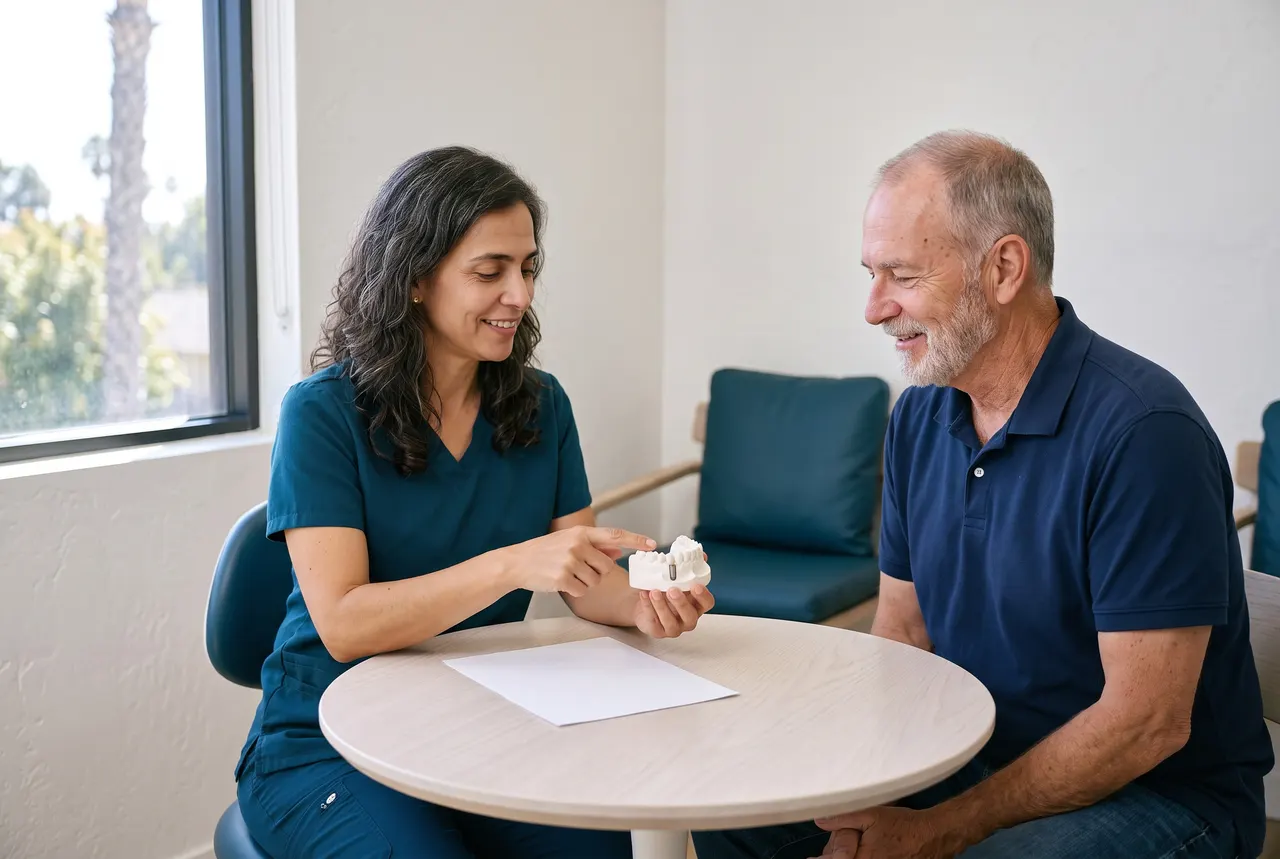 Dr. Marisa Freitas explaining an implant on a jaw model to a patient at a small table by the window