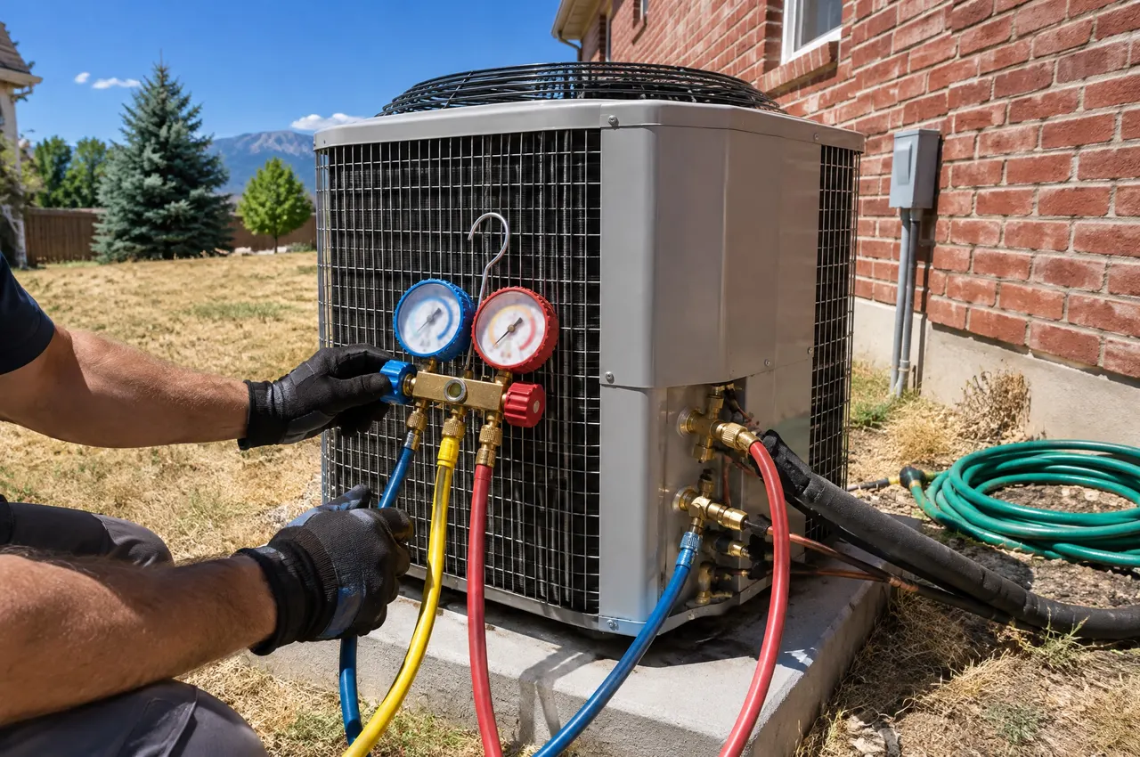Technician's gloved hands adjusting a refrigerant gauge set connected to an air conditioner on a hot day