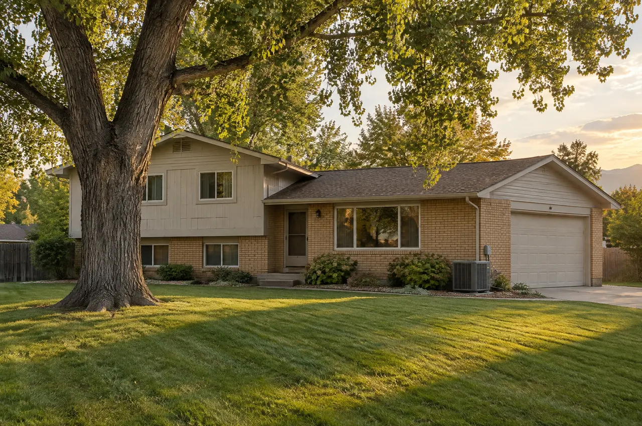 1960s split-level house under a large cottonwood tree in Arvada, with an air conditioner beside the garage