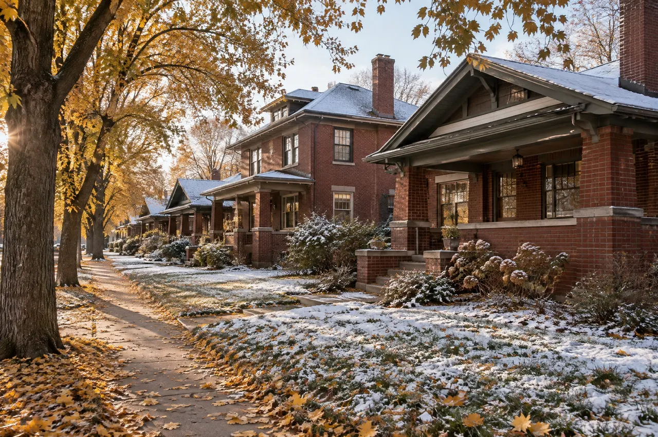 Red-brick bungalows and a Denver Square on a tree-lined street in Washington Park, early snow on the lawns