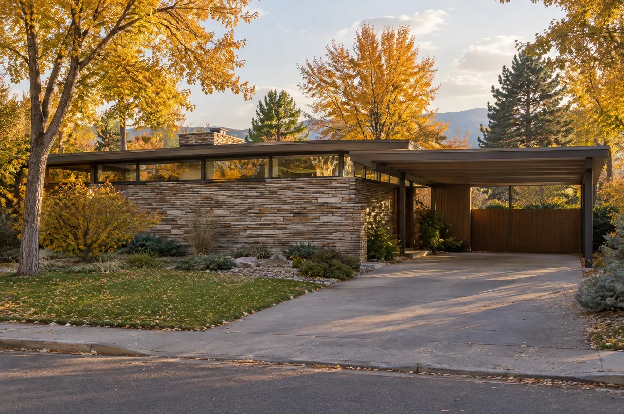 1950s mid-century modern house with a low flat roof, large windows and a stone wall in Englewood