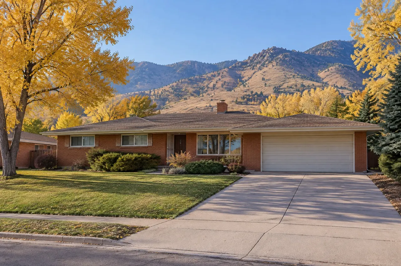1960s brick ranch house in Lakewood with Green Mountain and the foothills rising behind the street