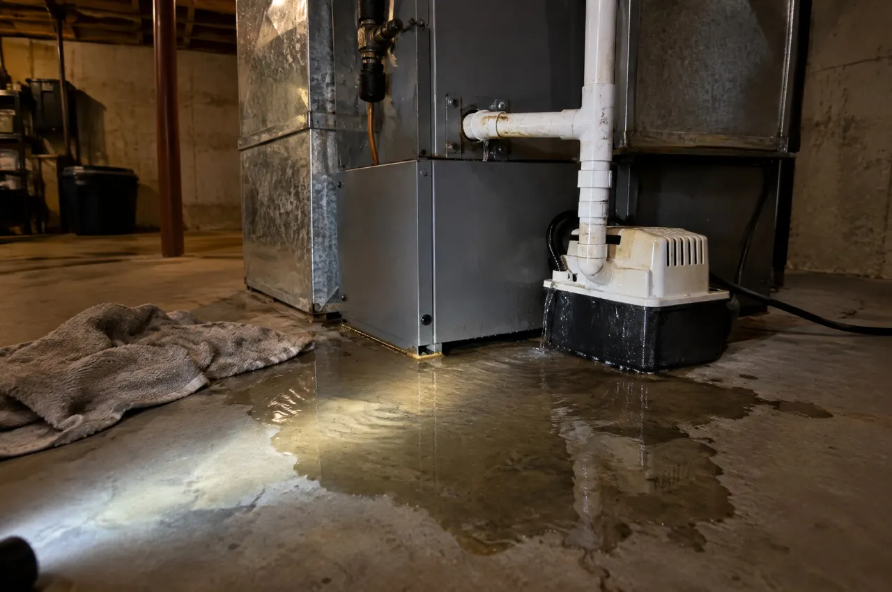 Water spreading on a basement floor from an overflowing condensate pump under a furnace, lit by a flashlight