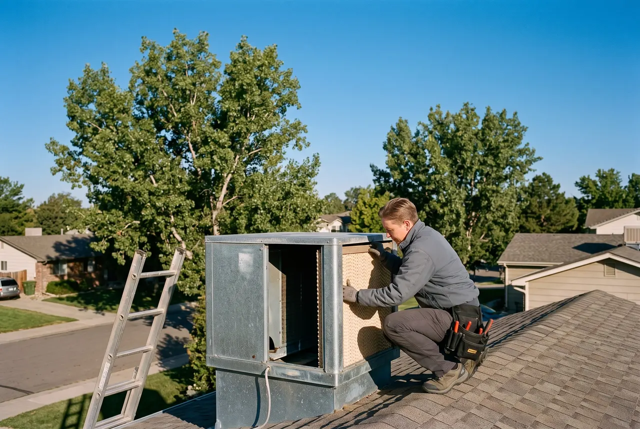 Dana Whitfield fitting a new pad in an evaporative swamp cooler on the roof of a ranch house in Arvada