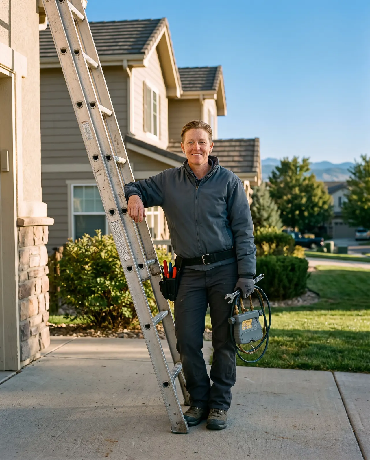 Dana Whitfield, technician, leaning on an extension ladder in front of a suburban house