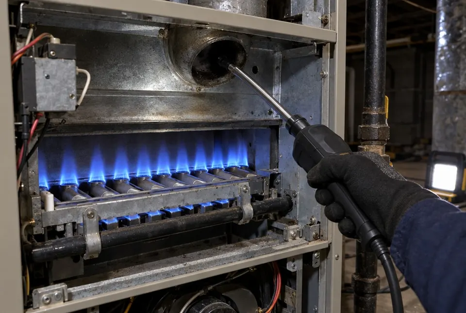 Blue gas flames in the burner compartment of a furnace while a gloved hand holds a combustion analyzer probe at the flue