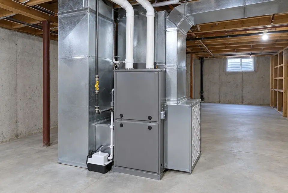 A new high-efficiency gas furnace in a Denver basement with clean galvanized ductwork, white PVC vent pipes and a yellow gas shutoff
