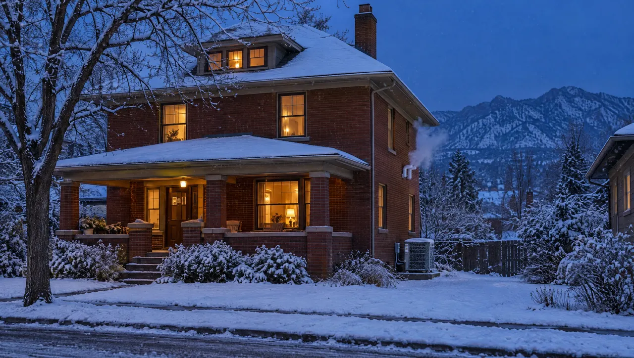 A red-brick Denver Square at blue hour after a snowfall, warm light in the windows and a plume of steam rising from the furnace vent