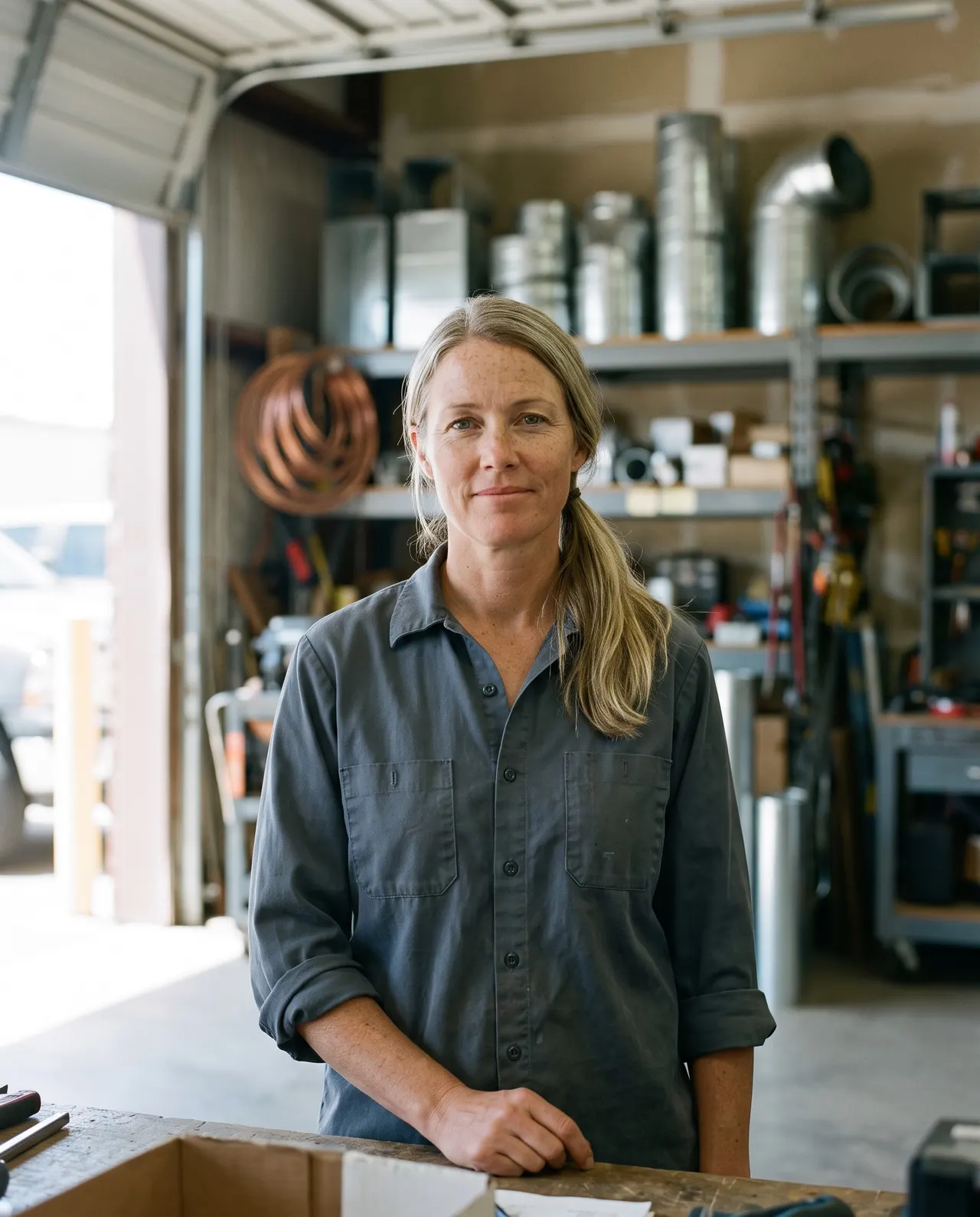 Kari Halvorsen, owner of Halvorsen Heating & Air, in the company workshop with galvanized duct fittings on the shelves behind her