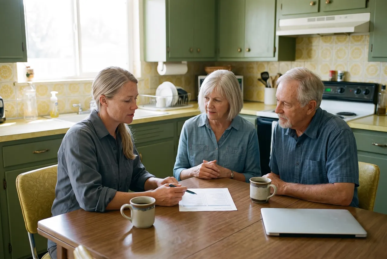 Kari Halvorsen going over a one-page price sheet with a homeowner couple at their kitchen table