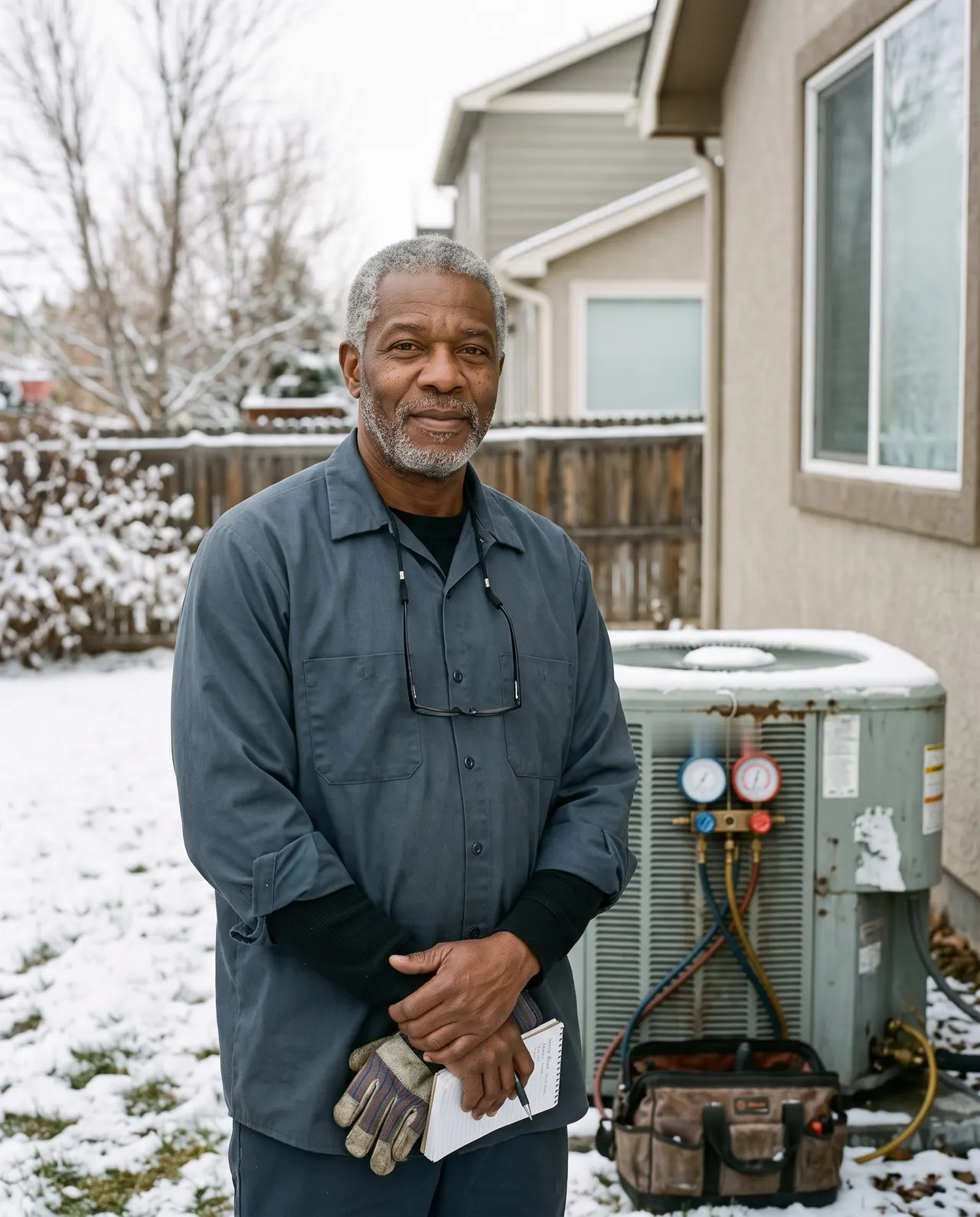 Marcus Greene, senior technician, in a snowy Aurora backyard next to an outdoor heat pump