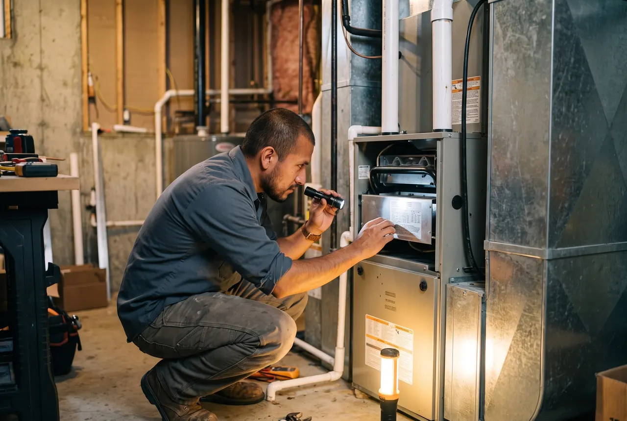 Mateo Ruiz reading the rating plate inside a gas furnace with a flashlight in a Denver basement