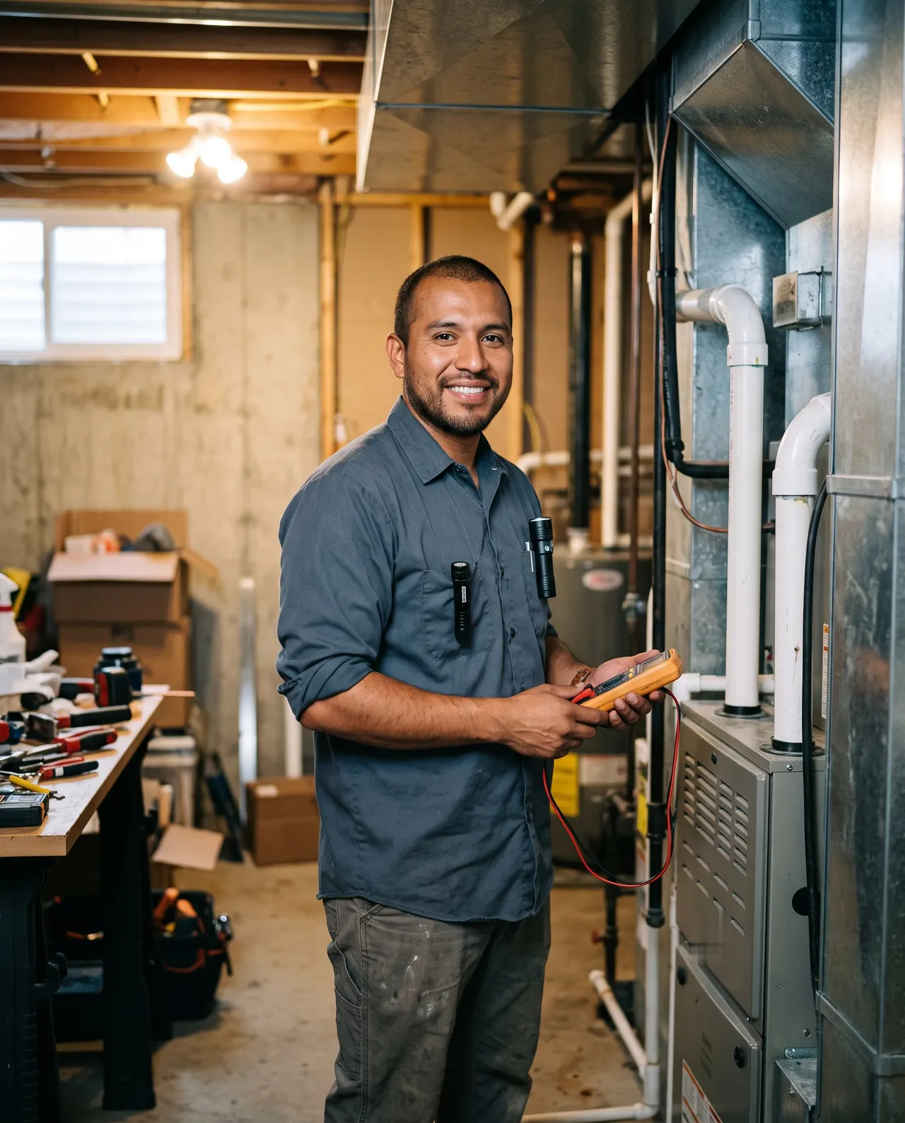 Mateo Ruiz, technician, holding a multimeter next to a gas furnace in a Denver basement