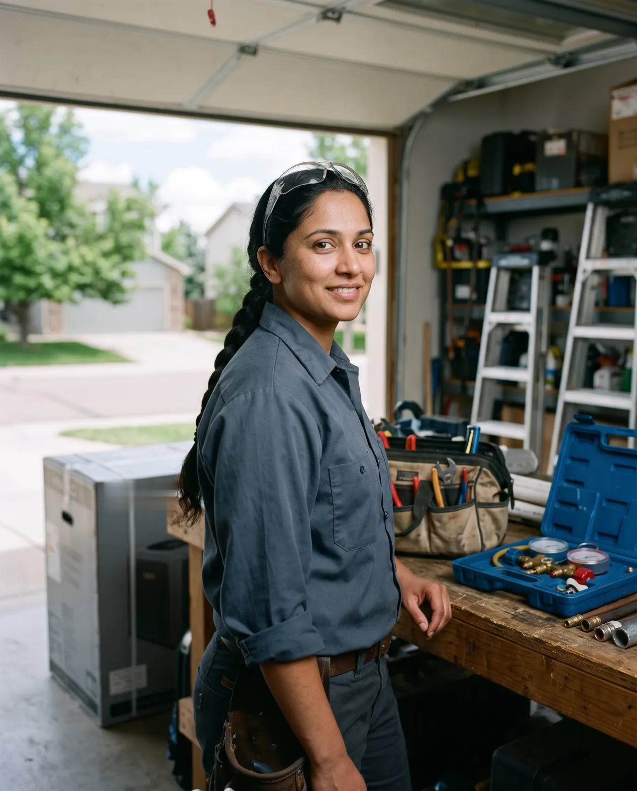 Priya Raman, technician, in an open garage with a tool bag and a refrigerant gauge case on the workbench