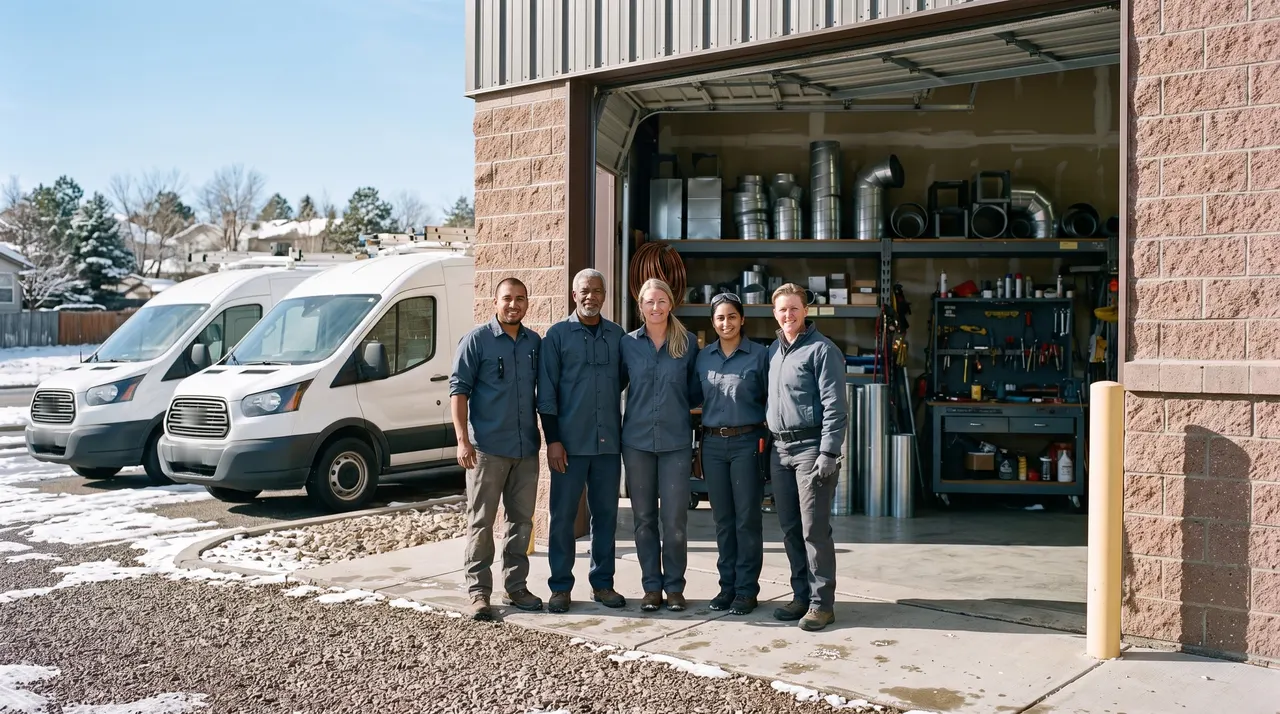 Kari Halvorsen and the four technicians in front of the open roll-up door of the shop, two white service vans parked beside them